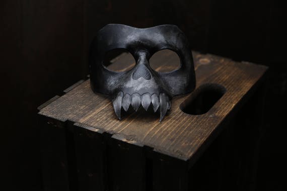 Leather Skull Mask - Black Bone Fang Design - Human Demon