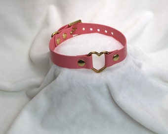 leather choker / leather collar handmade black and pink, with gold heart