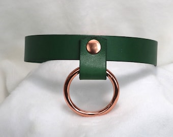 leather choker / leather collar handmade green and rose gold / copper with hanging ring