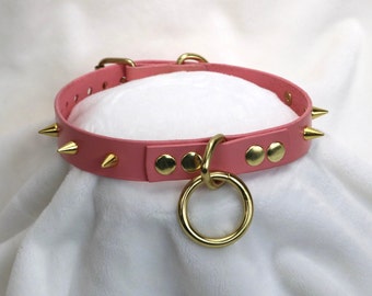 spiked leather choker / leather collar handmade pink and gold with hanging ring and spikes