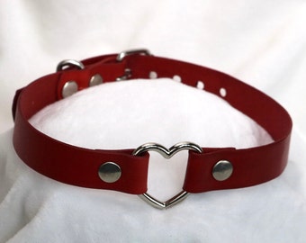 leather choker / leather collar handmade red, with silver heart