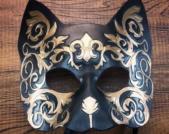 Cat Mask - Flauta de cuero negro y dorado de lis estilo steampunk victoriano griego