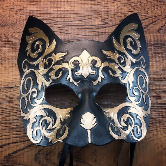 Cat Mask - Black and Gold leather fluer de lis greek victorian steampunk style