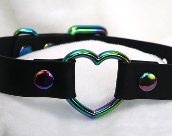 leather choker / leather collar handmade black with rainbow heart
