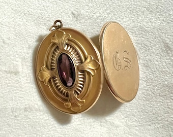 Large Art Nouveau oval GF Locket with amethyst Paste Stone C 1910s