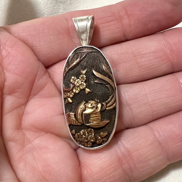 Dynamic 19th Century Antique Japanese Bird Shakudo (Mixed Metals) Pendent