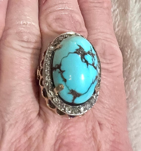 Rare Antique 10K Bezel Set Natural Matrix Turquoise Cabochon Ring
