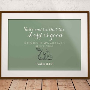 Psalm 34:8, Taste and See That the Lord is Good, Dining Room Wall Art Poster, Christian Minimal Print Bible Verse Modern Green Kitchen Decor
