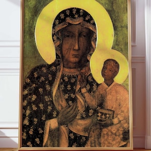 Our Lady Virgin Mary of Czestochowa Queen of Poland Black Madonna and Child Digital Print Wall Art Vintage Oil Painting Icon Printable File