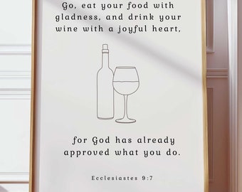 Ecclesiastes 9:7, Go Eat Your Food With Gladness, Minimalist Christian Line Art Dining Room Decor, Wall Art Printable Christian Kitchen Art
