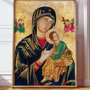 Onze-Lieve-Vrouw van Altijddurende Bijstand Download cadeaus Madonna en kind pictogramkunst traditionele christelijke muurkunst afdruk Maagd Maria Vintage afbeelding afbeelding