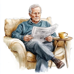 8 oude man clipart opa rust gepensioneerde senior ouderen clipart aquarel foto afdrukbare hoge kwaliteit PNGs papier ambachten ongewenste tijdschriften