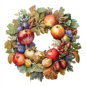 May include: A watercolour wreath depicting autumnal fruits and leaves. The wreath is composed of red and yellow apples, purple plums, and green foliage. Berries and other fruits are also included, creating a colourful, seasonal arrangement.