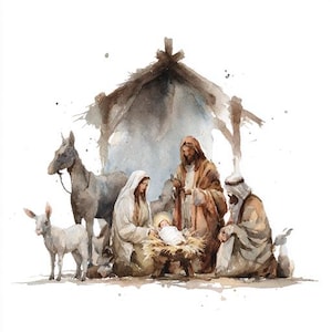 May include: Watercolor painting of the Nativity scene. The image depicts Mary, Joseph, and baby Jesus in a manger, surrounded by a donkey, a lamb, and a rustic shelter. The artwork uses soft, muted colors.