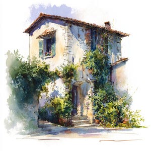 8 clip art maison solitaire méditerranéenne paysage toscane aquarelle imprimable haute qualité PNGs numériques journaux indésirables papier artisanat Scrapbook
