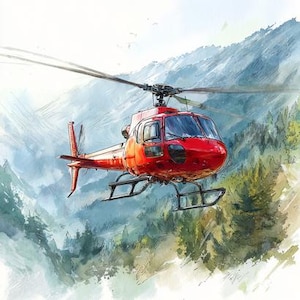 以下が含まれることがあります： 山と木々を背景に、赤いヘリコプターが飛行している水彩画。ヘリコプターのブレードはぼやけており、動きを示唆しています。このアートワークは、自然の風景に焦点を当てた、柔らかく絵画的な品質を持っています。