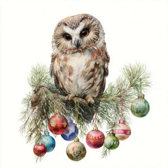 クリスマスのフクロウのクリップアート8点、木の上の冬の鳥の水彩画