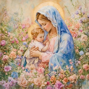 8 Heilige Maagd Maria Clipart bloemen digitale download religieuze aquarel afdrukbare christelijke katholieke illustraties papier ambachten ongewenste tijdschriften