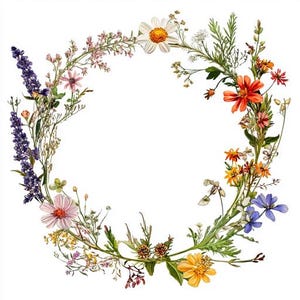 Può includere: Una ghirlanda floreale circolare composta da vari fiori selvatici nei toni del viola, rosa, arancione, giallo e bianco. La composizione presenta una varietà di tipi di fiori e fogliame verde, creando un design naturale e vibrante. Perfetta per inviti di nozze o decorazioni primaverili.