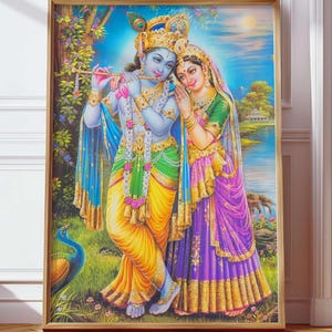 Radha Krishna spielt Flöte Poster Vintage hinduistische Gottheit Malerei Digital Krishna Wandkunst Traditionelles hingebungsvolles indisches Gottheitsgeschenk altes Kunstwerk