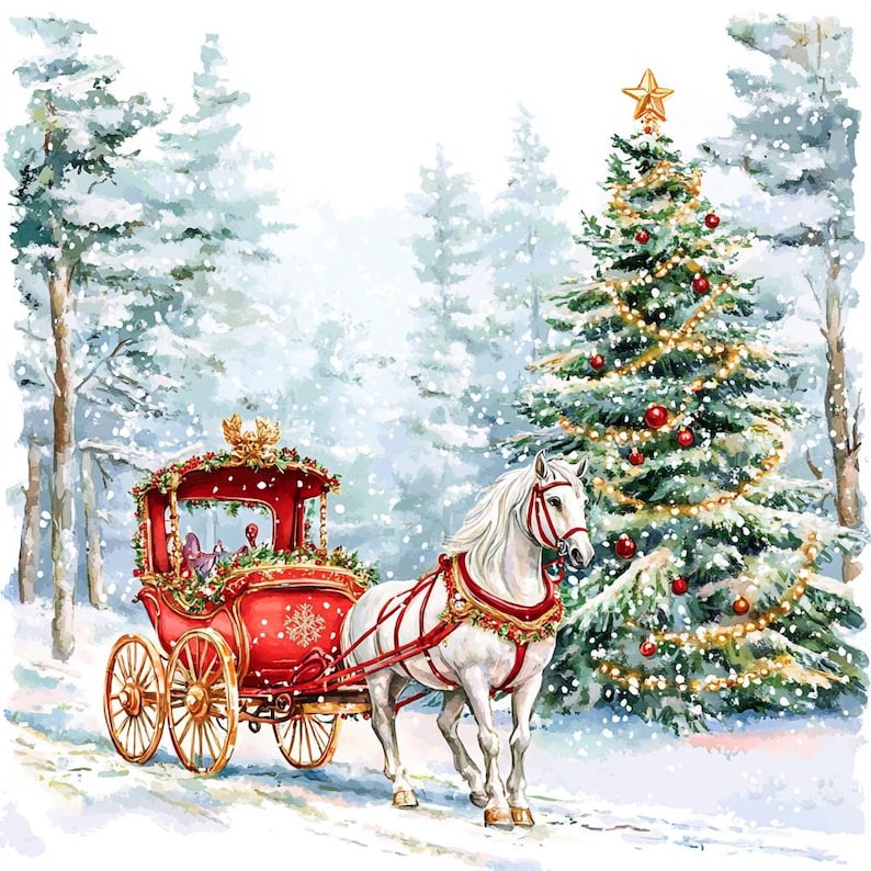 8 Christmas Santa in Red Carriage With White Horse Clipart Watercolor ...