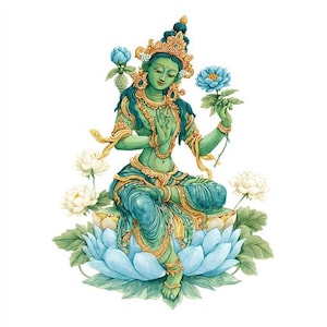 Könnte beinhalten: Aquarellillustration einer sitzenden Gottheit mit grüner Haut, geschmückt mit Goldschmuck und einer Krone. Die Figur hält eine blaue Blume und ist von weißen und blauen Lotusblüten umgeben, vor einem weißen Hintergrund.