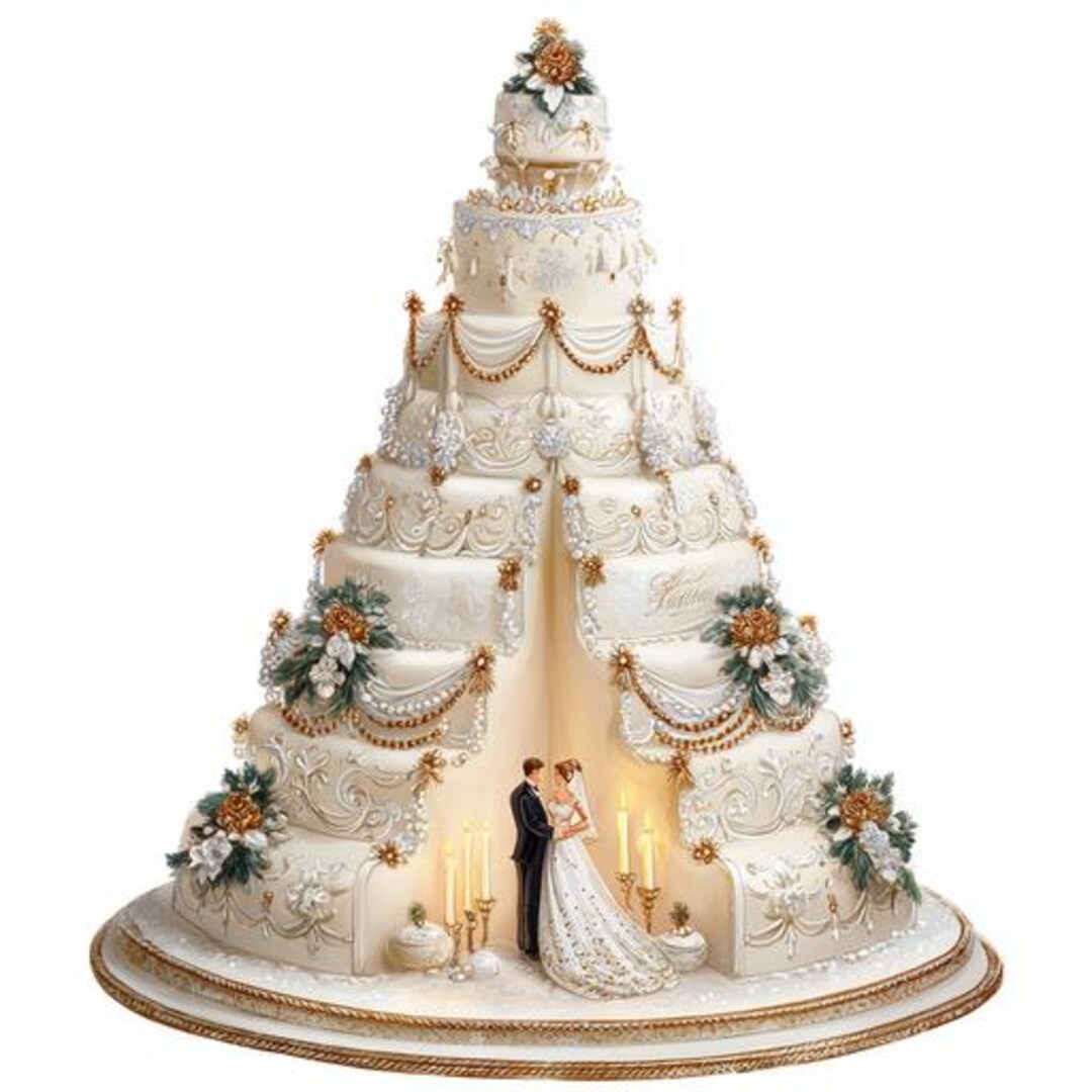 クリスマスツリーのウェディングケーキのクリップアート8点、水彩画