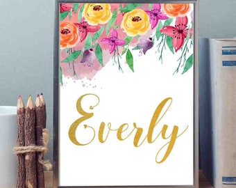 Baby Namensschilder Everly Name Art Everly Baby Name, Kinderzimmer Monogramm Art, Everly, Kinderzimmer Dekor Kinderzimmer Art Baby Mädchen Kinderzimmer, Floral Gold