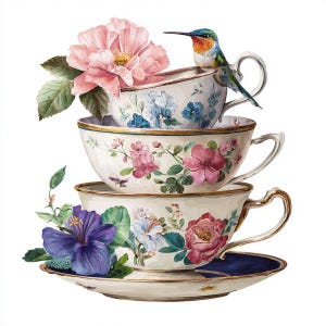 May include: A stack of three decorative teacups and a saucer, adorned with floral patterns in pink, blue, and white. A hummingbird perches on the top cup, and a large pink flower and purple flower are placed on the cups. The teacups have gold trim.