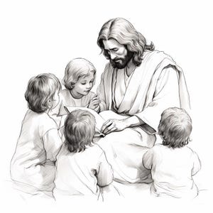 4 Paquete de imágenes prediseñadas de Jesucristo enseñando a los niños, diseño cristiano católico, descarga digital, arte lineal, dibujo, fe, manualidades de papel, diario basura