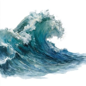 May include: A watercolour painting of a large ocean wave. The wave is depicted in shades of teal and blue, with white foam cresting at the top. The artwork is set against a white background, emphasising the wave's form and movement.