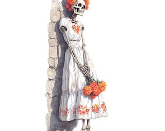 May include: Watercolor illustration of a skeleton figure in a white dress with floral embroidery, holding orange flowers. The skeleton wears a floral crown and leans against a stone wall. The artwork has a Day of the Dead theme.