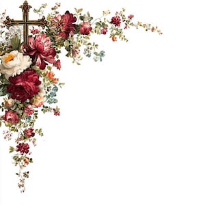 Könnte beinhalten: Ein dekoratives Eckdesign mit einem Kreuz und einem Blumenarrangement. Die Blumen sind in Rot-, Weiß- und Orangetönen gehalten, mit grünem Laub. Das Kreuz ist braun mit goldenen Akzenten. Das Design ist vor einem weißen Hintergrund.