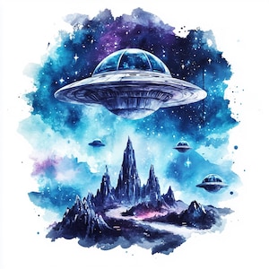 8 UFO Flying Saucer Space Ship Clipart Printable UFO Clipart, Ufo in Sky, Aliens Clipart High Quality PNGs Paper Crafts Junk Journal Digital