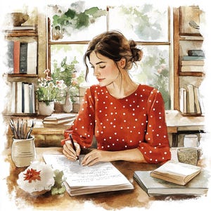 8 Imágenes prediseñadas de mujer escribiendo, imágenes prediseñadas de escritor, imágenes prediseñadas de acuarela imprimibles, imágenes digitales de persona femenina, archivos PNG de alta calidad, manualidades de papel, revistas basura