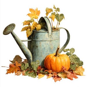 May include: A watercolour painting of a vintage blue watering can filled with yellow and green foliage. A bright orange pumpkin sits beside the watering can, surrounded by autumn leaves. The scene evokes an autumn harvest theme.