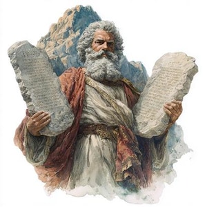 May include: Watercolor illustration of a man with a long white beard and curly hair, wearing a red and white robe. He holds two stone tablets inscribed with text, against a backdrop of a mountain.