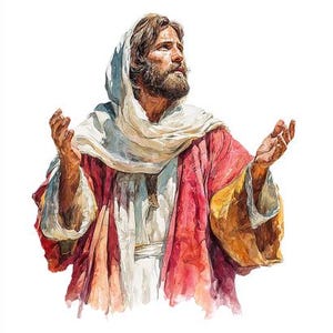 Pu&ograve; includere: Dipinto ad acquerello di un uomo con la barba, che indossa un copricapo bianco e una veste rossa con dettagli dorati. Le sue braccia sono tese e guarda verso l'alto con un'espressione serena.