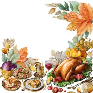 May include: Watercolor illustration of a Thanksgiving feast. A roasted turkey sits on a bed of lettuce, surrounded by pumpkins, grapes, and pomegranates. Plates of food, candles, and a glass of red wine complete the festive scene, with autumn leaves.