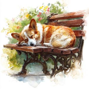 May include: Watercolor painting of a sleeping corgi dog on a wooden park bench. The dog has orange and white fur. The bench is brown with ornate black metal supports. Colorful flowers and greenery are in the background.