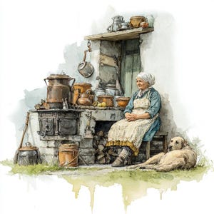 8 imágenes prediseñadas de cocina rústica vintage de estilo campestre, escena rural de abuela, diarios basura, proyectos de scrapbooking, proyectos de estética folklórica, acuarela imprimible
