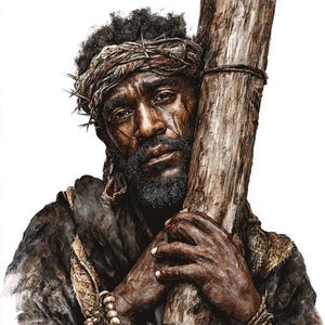 May include: A watercolor illustration of a man with dark skin, a beard, and a crown of thorns. He is holding a wooden cross, with a sorrowful expression. The artwork is detailed, with visible brushstrokes and a focus on the man's face and hands.