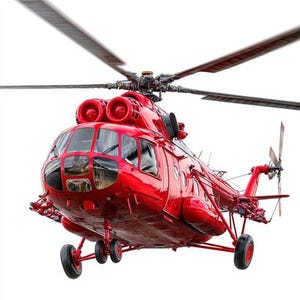 以下が含まれることがあります： 白い背景に、多翼ローターとテールローターを備えた鮮やかな赤色のヘリコプター。ヘリコプターは丸みを帯びたノーズと複数の窓を備えています。 着陸装置が見えます。