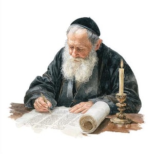 Puede incluir: Ilustración en acuarela de un anciano con larga barba blanca y gorro negro, escribiendo en un pergamino. Una vela encendida en un soporte decorativo está sobre la mesa. El hombre lleva un abrigo oscuro y se concentra en su escritura.