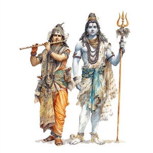 May include: Watercolor illustration of two Hindu deities. One figure, in orange and gold attire, plays a flute. The other, with blue skin, holds a trident and wears white and blue garments. Both figures are adorned with jewelry.