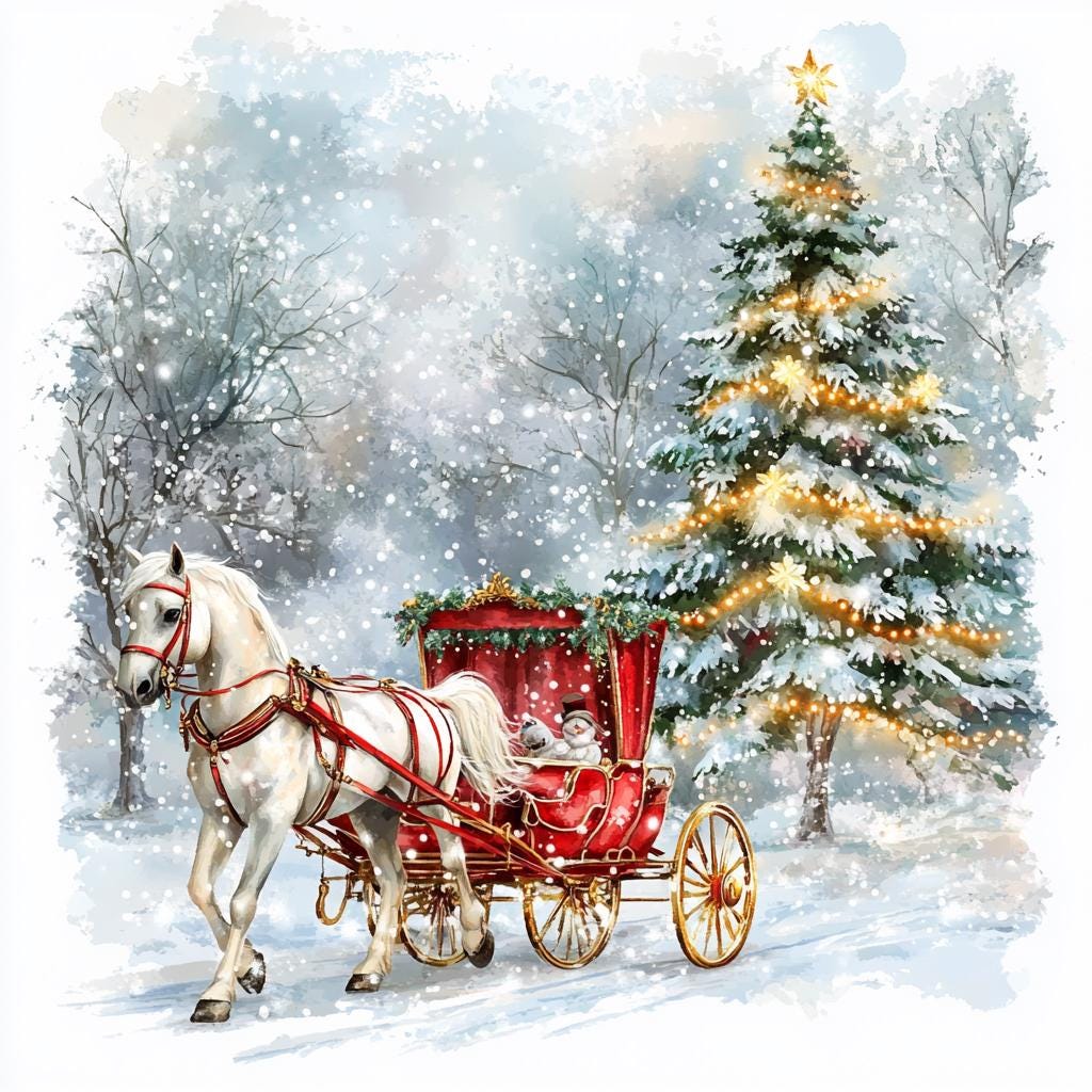 8 Christmas Santa in Red Carriage With White Horse Clipart Watercolor ...