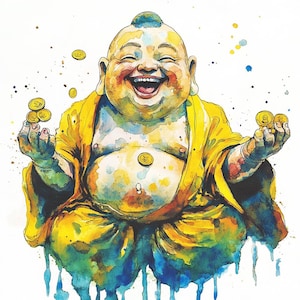 Può includere: Dipinto ad acquerello di una figura di Buddha sorridente in una veste gialla, che tiene monete d'oro. L'opera presenta colori vivaci di giallo, blu e verde, con uno sfondo bianco. Il Buddha è raffigurato con una grande pancia e un'espressione gioiosa.