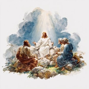 Puede incluir: Pintura a la acuarela que representa una escena religiosa. Una figura central con túnica blanca y brazos extendidos está rodeada por tres figuras. El fondo presenta un cielo nublado con un rayo de luz. Las figuras están sentadas sobre rocas.
