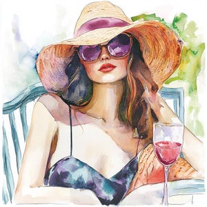 8 belle femme buvant du vin dame aquarelle des cliparts avec verre numérique imprimable de haute qualité PNG en téléchargement numérique indésirables journaux artisanat
