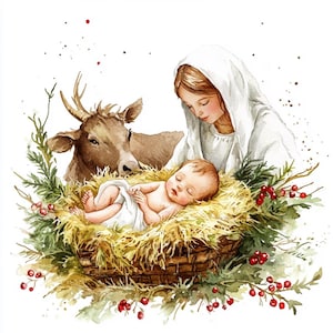 8 Nativity Scene Clipart Christmas Baby Jesus Virgin Mary Madonna and Child Watercolor Printable High Quality PNGs Paper Crafts Junk Journal